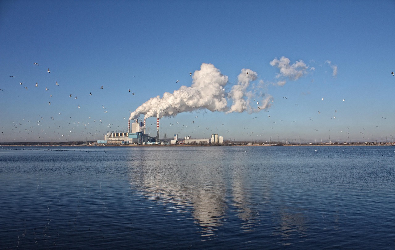 lake, nature, power station, chimneys, smoke